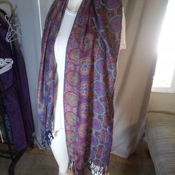 Colorful Patterned Scarf with Fringe - Picture 2 of 3